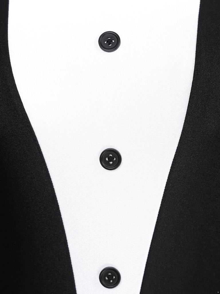 Women's Sexy Waitress Role Play Costume S-XXL: Contrast Color Tuxedo Style Dress with Bowknot Buttons & Long Ruffle Sleeves