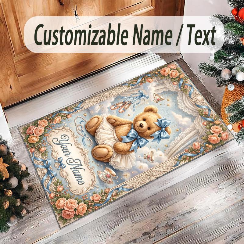 Teddy Bear Theme Crystal Velvet Rug Personalized Custom Name Text Soft Floor Mat Home Decor