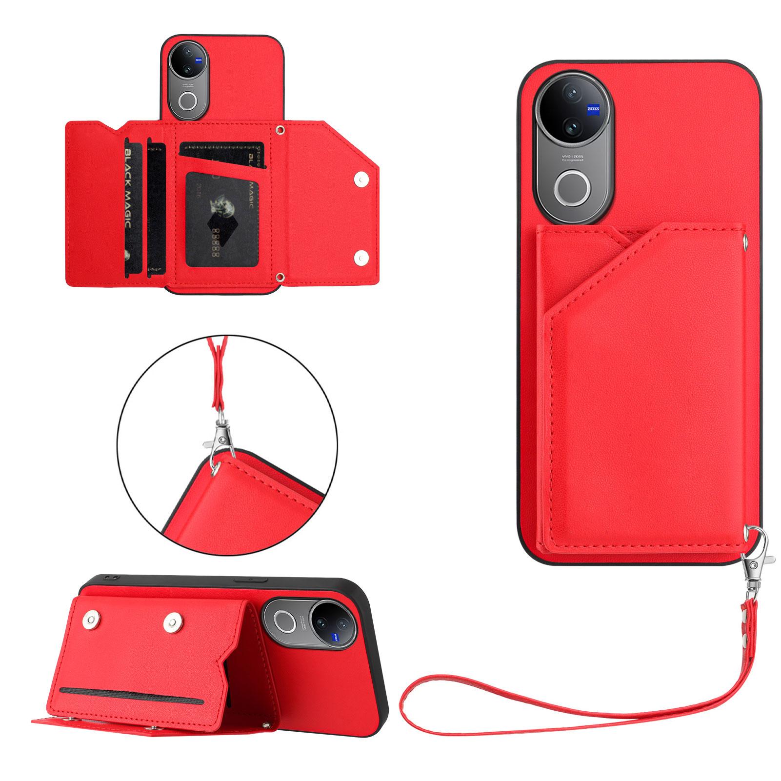 

For vivo V50e 5G/vivo V50 5G Case Card Holder Kickstand Skin-Touch Phone Cover with Wrist Strap Red