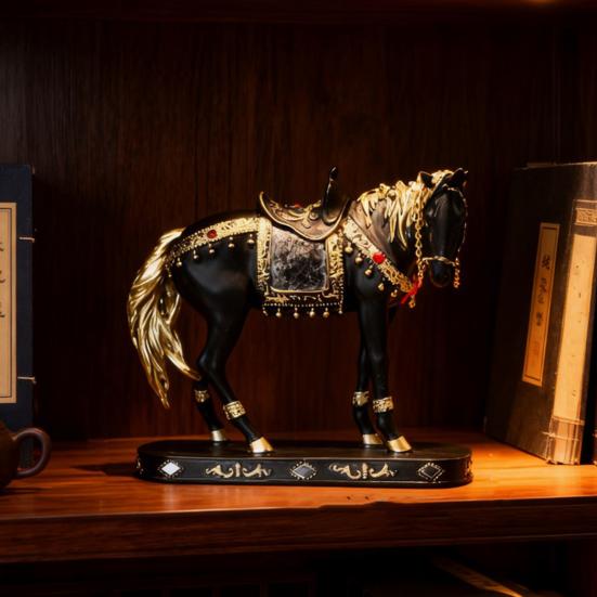 Retro Horse Statue Desktop Artistic Horse Figurine with Base Golden Painted Resin Horse Sculpture