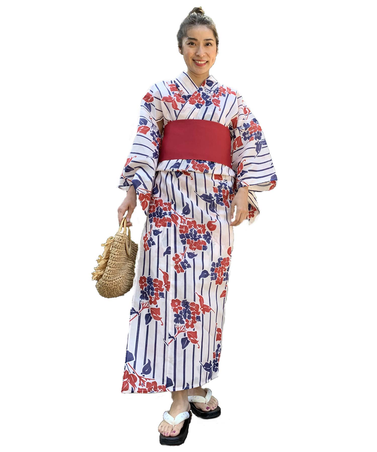 [Kobe Lettuce] Yukata + Pre-tied Obi Set for Women - Yukata, Fireworks, Festival, Obi, Summer, Fireworks Display Set [X379] Free Size, White