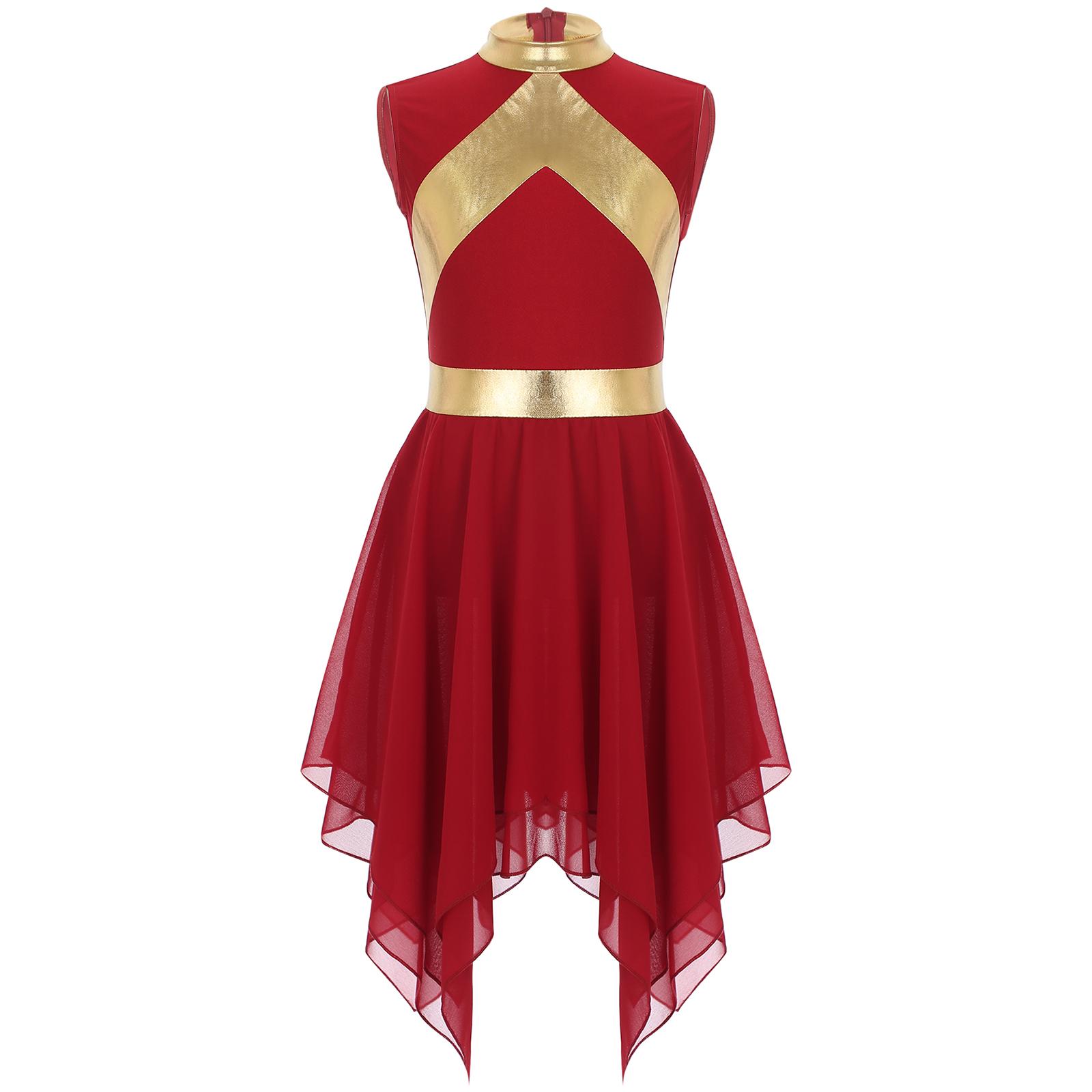 

Дівчаче літургійне танцювальне плаття з металевою клаптиковою асиметричною спідницею без рукавів 7-8 Years бордовий