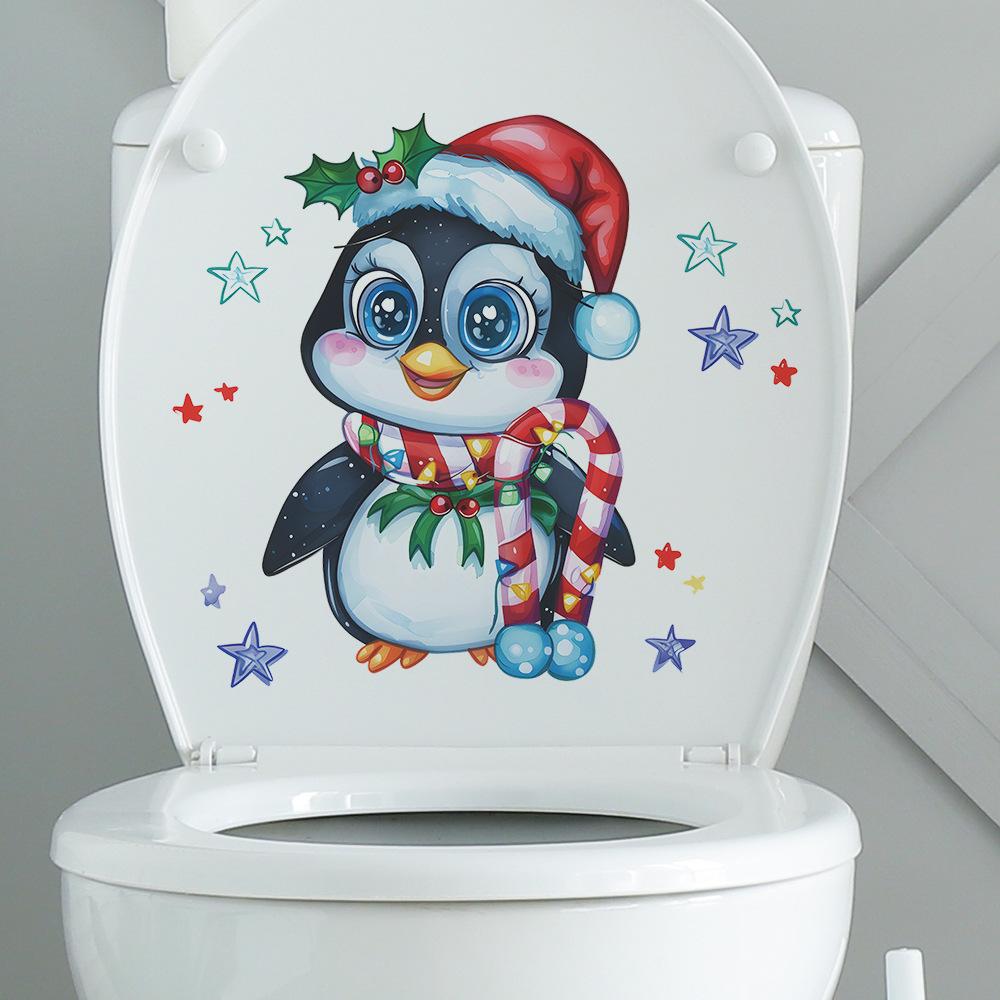 Cartoon Penguin Santa Hat Star Toilet with Bathroom Toilet Home Decoration Stickers