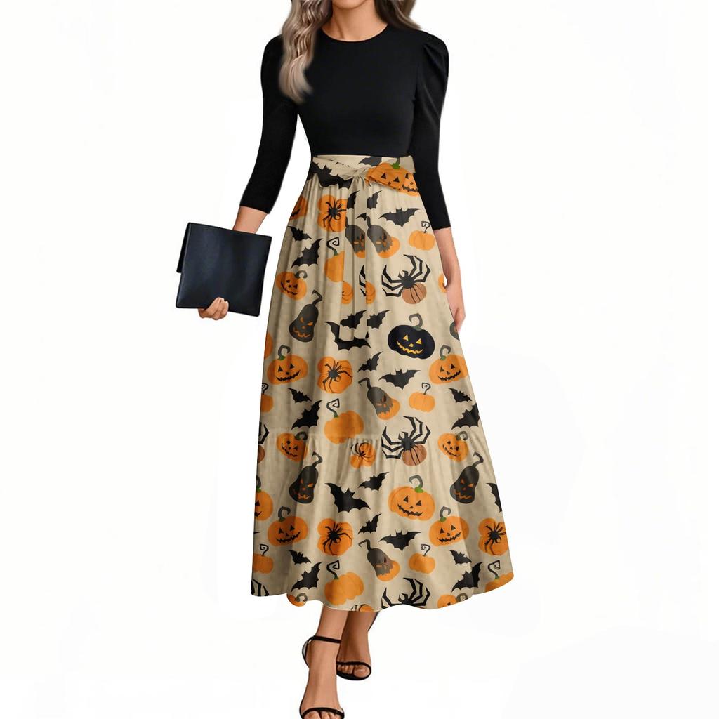 Damska Moda Casual Sukienki z Rękawem Trzy Czwarte, Okrągłym Dekoltem, z Paskiem, Eleganckie, z Temperamentem, z Nadrukiem Halloween