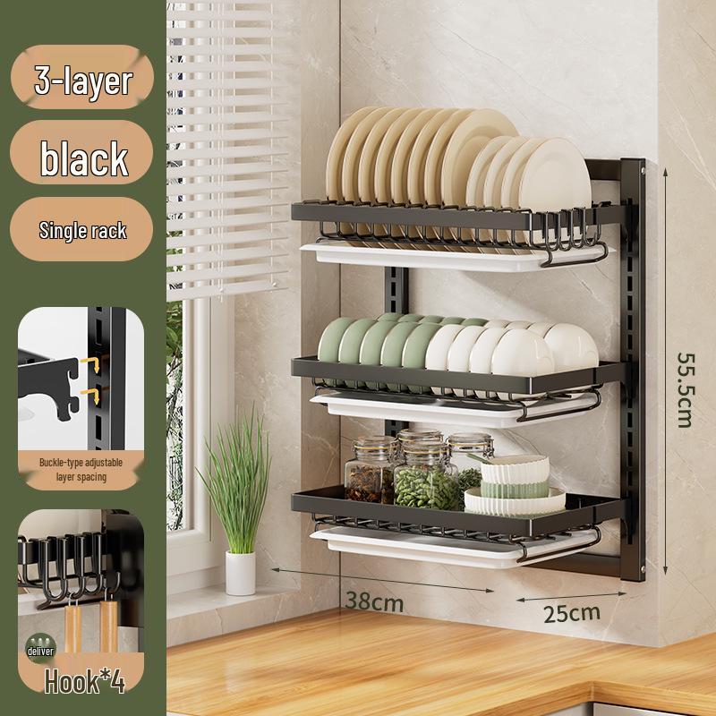 No-Punch Wall-Mounted Dish Drying Rack with Plate and Chopsticks Holder