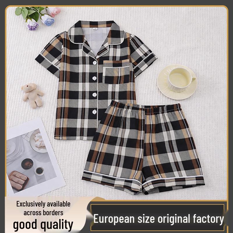 European & American Short-Sleeve Girls Plaid Pajama Set - Cardigan & Shorts 140 cm