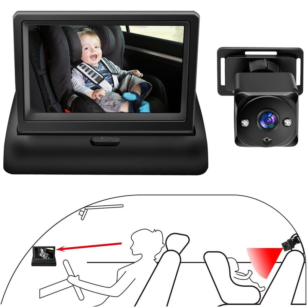 1080P Baby Car Camera, 4.3  Baby Monitor with Night Vision Function and 150 degrees  Wide View, 360 degrees  Rotation