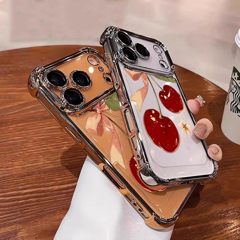 Cherry Floral Bow Pattern Electroplated Shockproof Phone Case For Samsung Galaxy S23 S24 S25 S26 Ultra S22 S21 Plus FE Cover