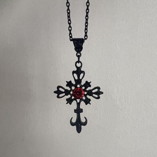 Gothic Black Vampire Cross Pendant Necklace Red Zircon Punk Jewelry Fashion Charm Manifesto Women's Wedding Party Gift