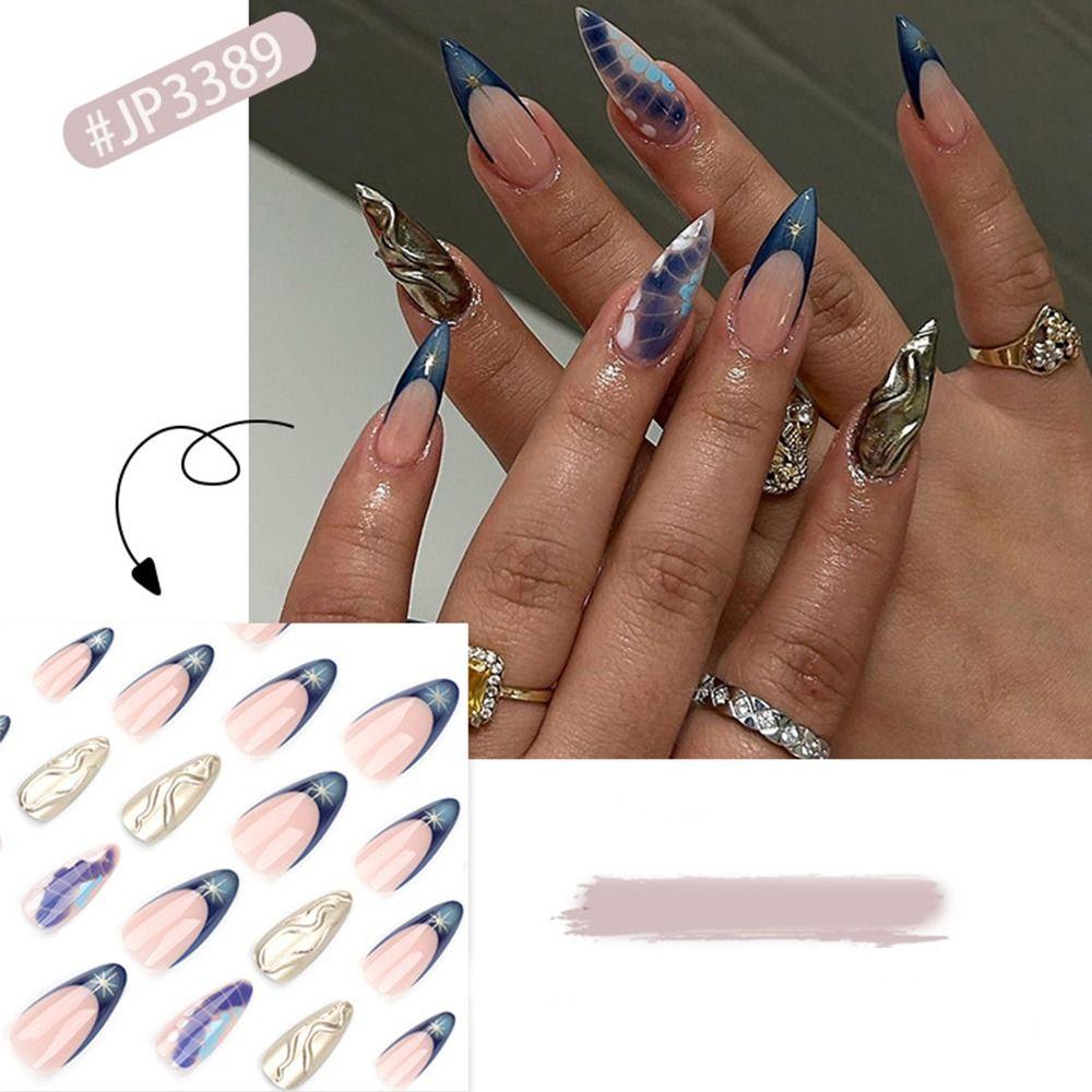 24 יחידות ציפורניים מלאכותיות ארוכות בצורת שקד ובאלרינה, טיפים לציפורניים עם פרחים ונצנצים, מניקור ציפורניים מלאכותיות לנשים