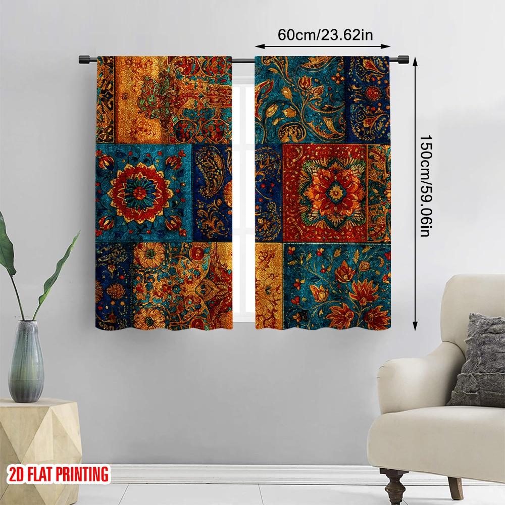 2D Flat Printing 2pcs Window Curtains Bohemian Patchwork Polyester Without Electricity Holiday Decorations Use for New Year