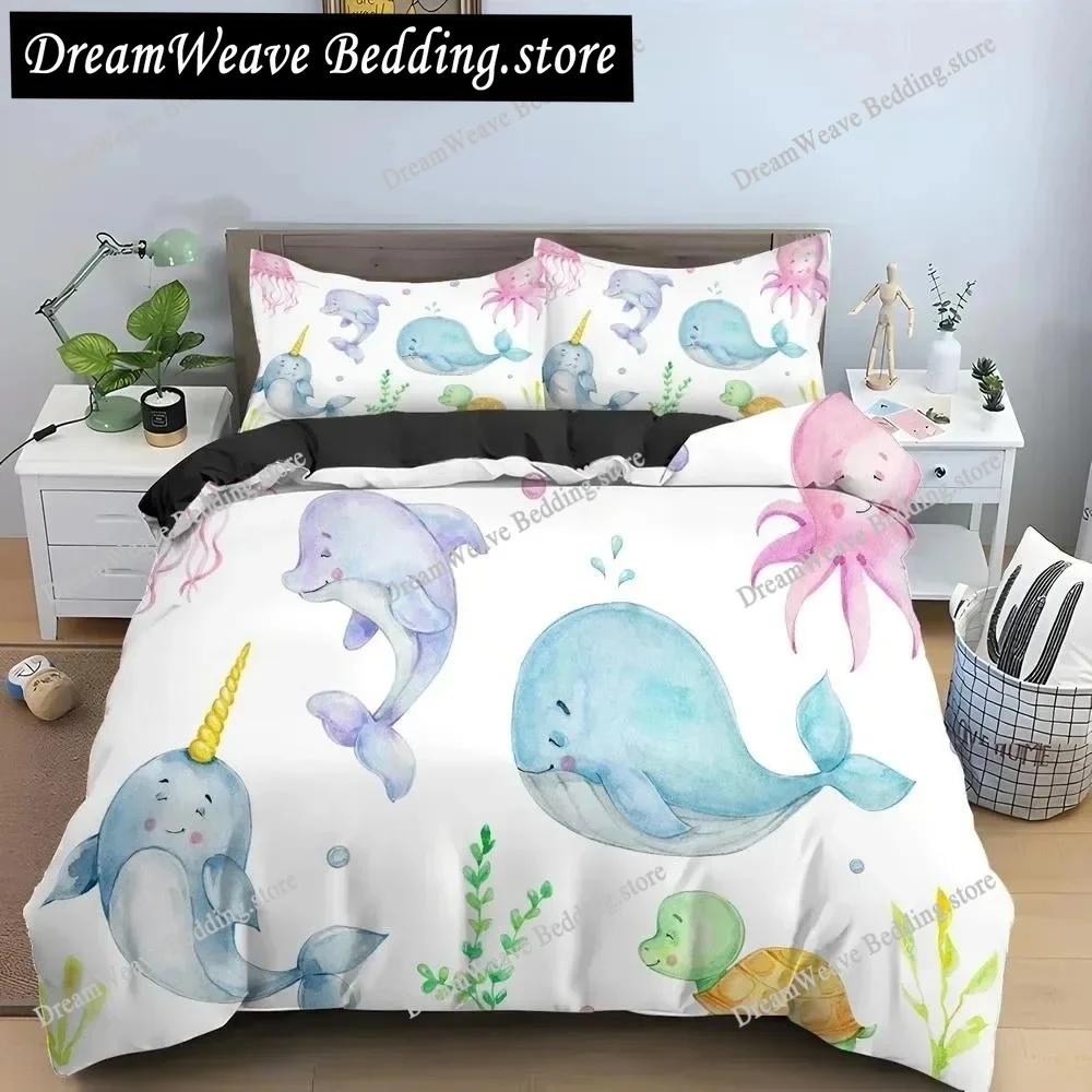 Bule Dolphin Whale King Queen Duvet Cover Underwater World Bedding Set Cartoon Sea Animal Comforter Cover Polyester Quilt Cover