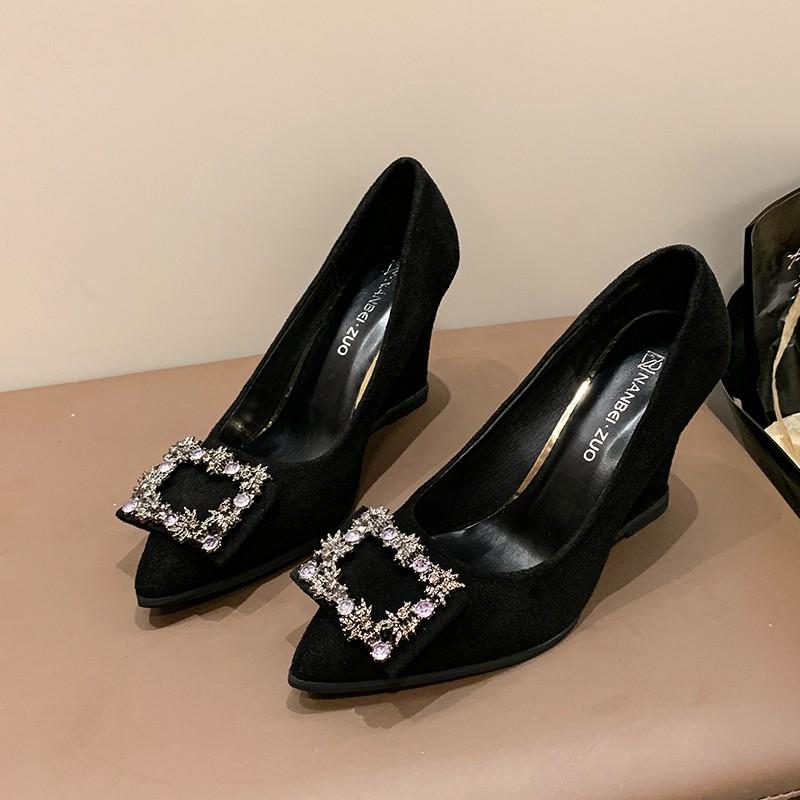 Women's Slope Heel Shoes Autumn I New Pointed Head Shallow Mouth Crystal Buckle Anti-slip Wear-resistant High Heels