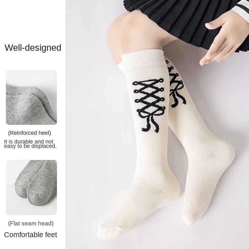 3pairs Girls' Knee-high Slouch Socks Black White Gray Bow Spring Stackable Tights For Kids 3-12Y Children Casual School Sockens