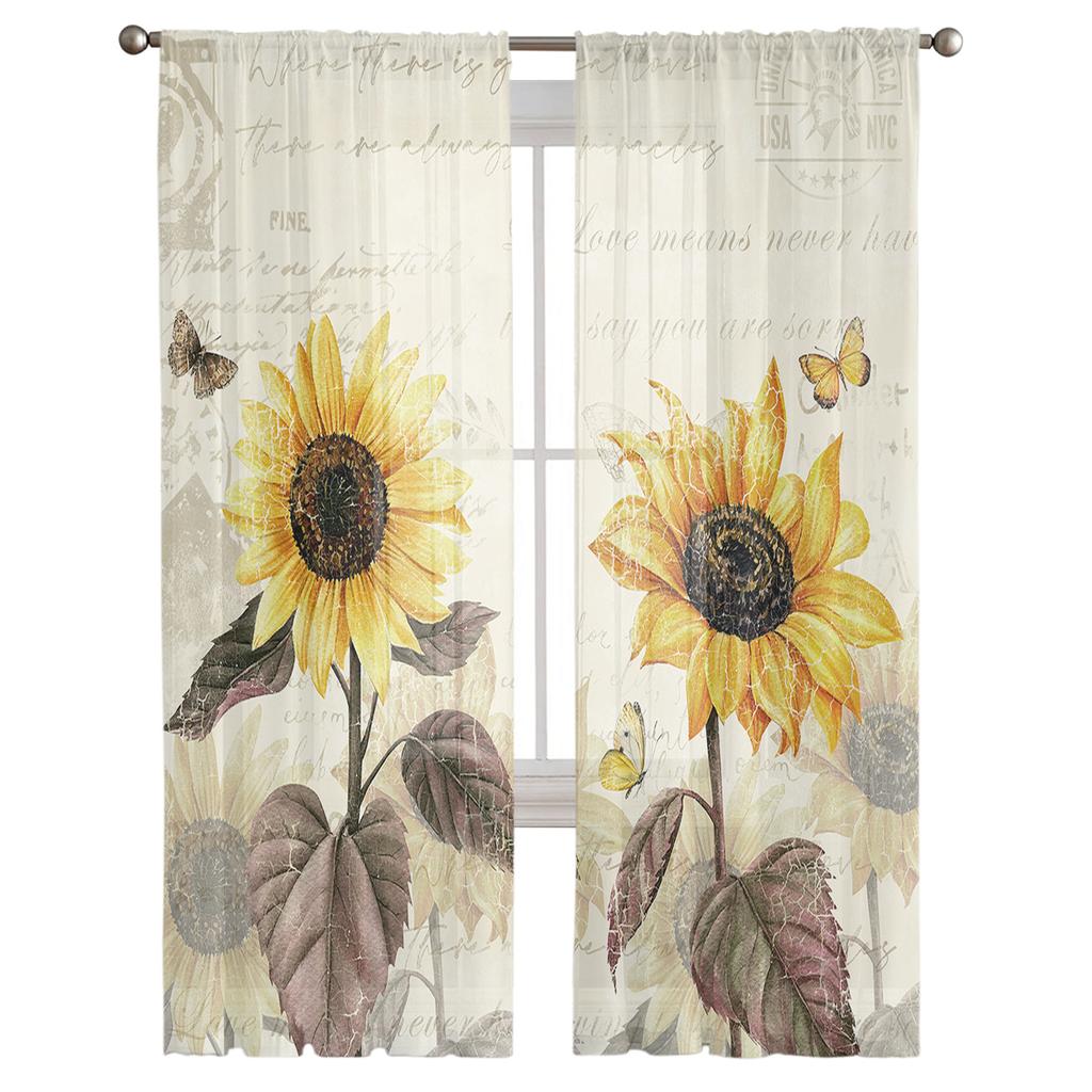 Retro Flower Butterfly Sunflower Sheer Curtains Modern Gauze Curtain for Living Room Bedroom Voile Yarn Curtains