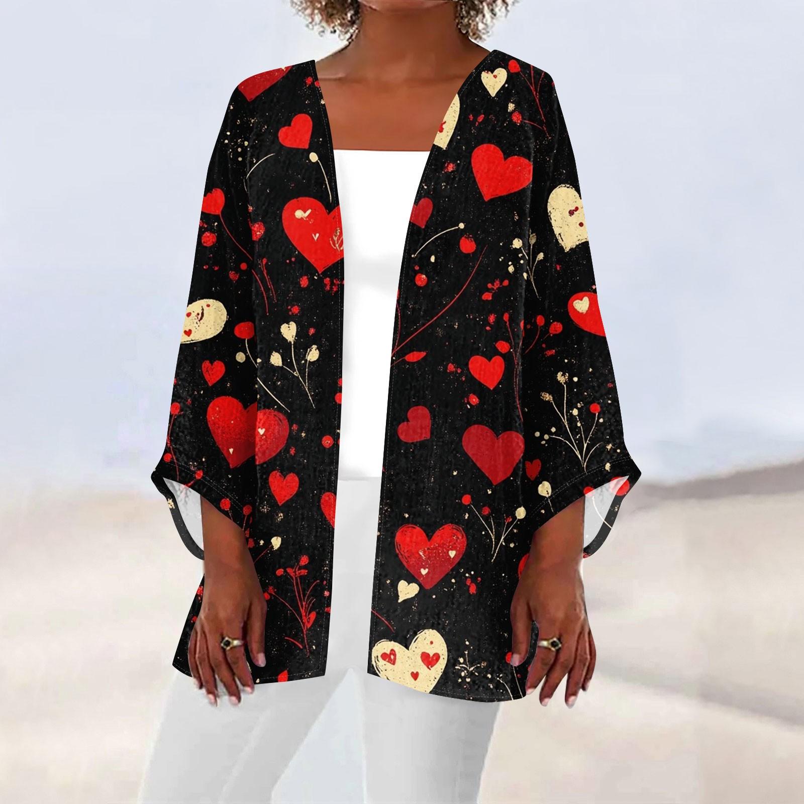 Women s Casual And Fashionable Valentine s Day  Printed Lightweight Mid Length Jacket Cardigan XXL