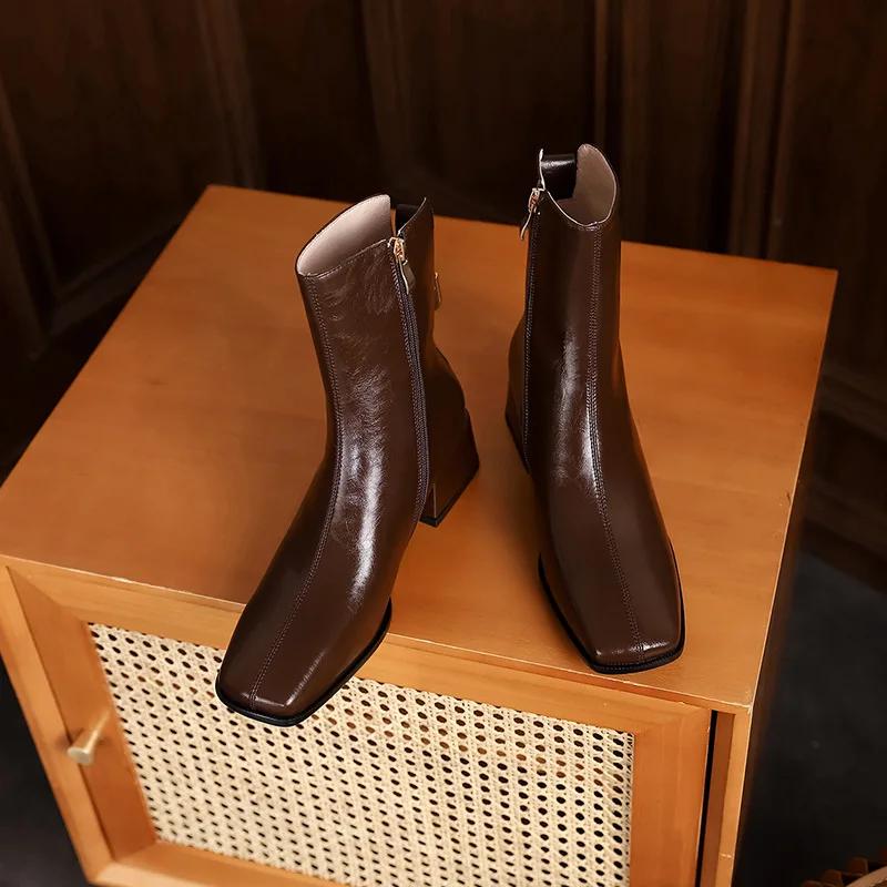 Ghete de gleznă noi pentru femei Casual Fermoar Tocuri pătrate Modă Gri/Negru/Maro Botine scurte Toamnă Iarnă 2025 Pantofi damă