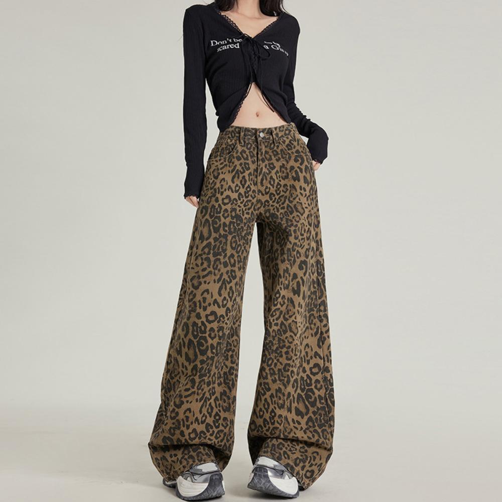 Amerikanischer Trend Leopardenmuster lässige Weitbeinjeans Damen Frühling und Herbst Modedesign lockere Mopping-Jeans