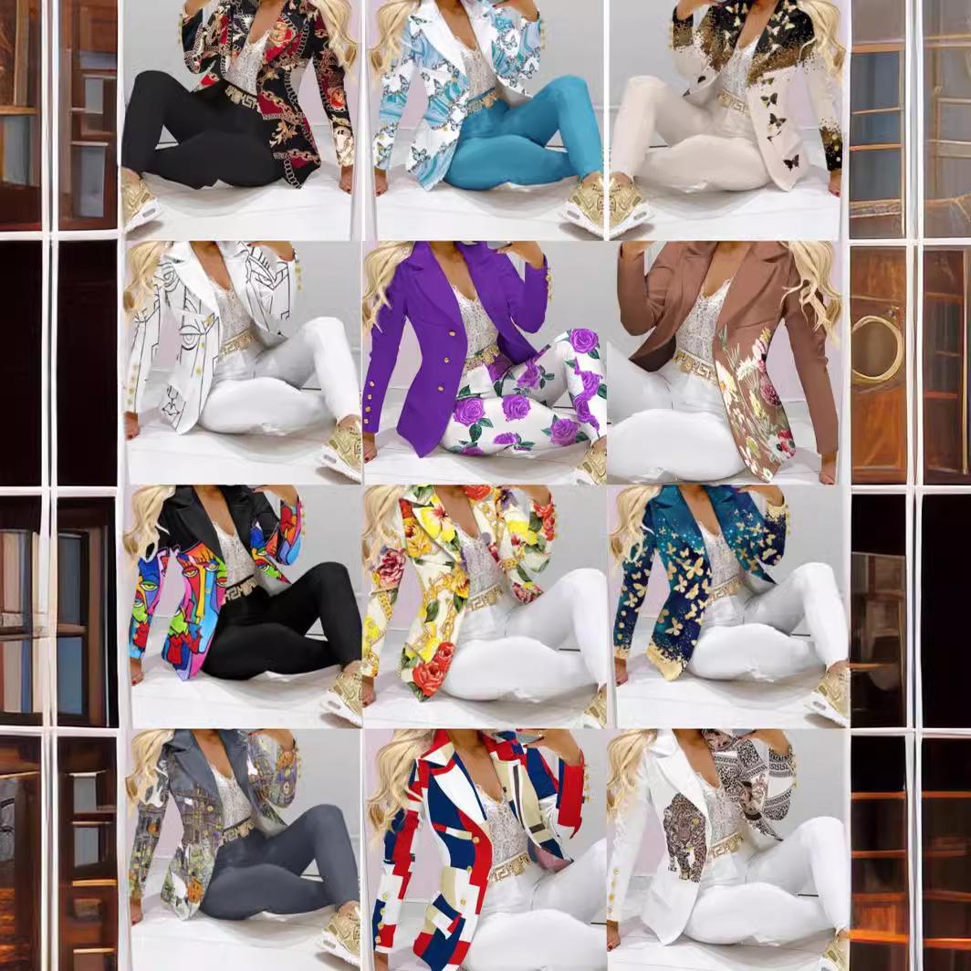 

European & American Fashion Print Long Sleeve Blazer + Pants Set S