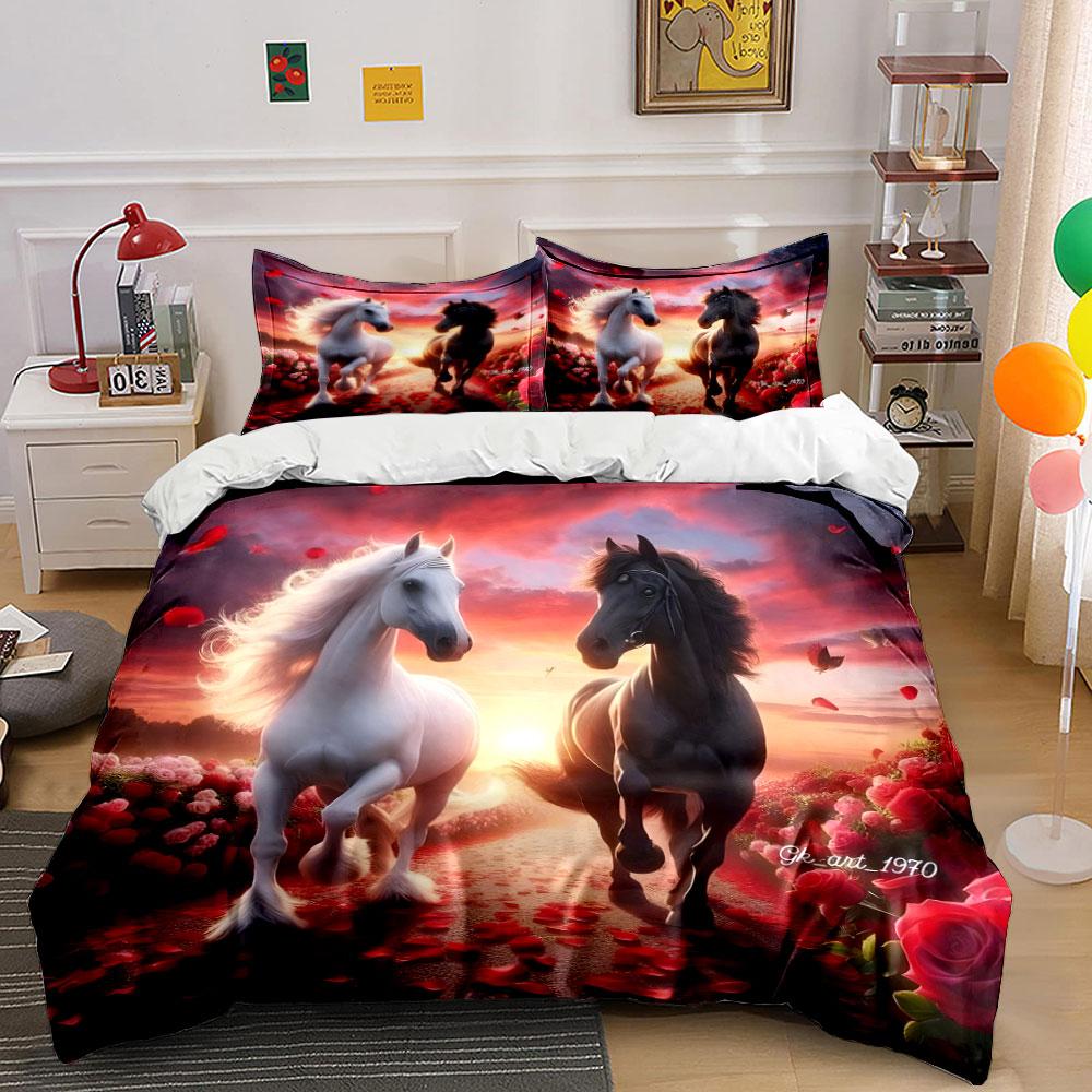 Horse Sunset Art Decor Set Bedding Set with 1 Duvet Cover 2 Pillowcases Single Double King Queen, Gift