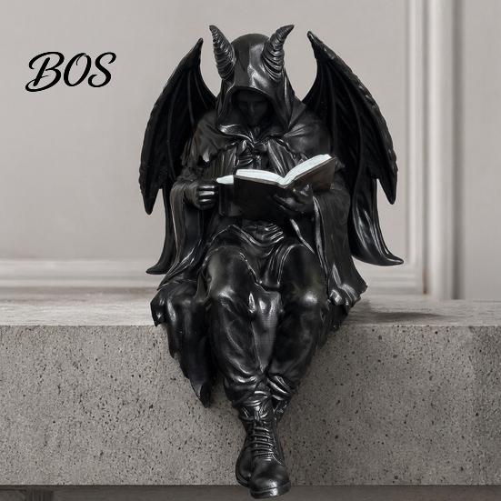 Skeleton Desktop Decor Halloween Reading Book Figurine, Spooky Devil Resin Sculpture, Gothic Ornament Black Robe Grim Reaper Statue for Home