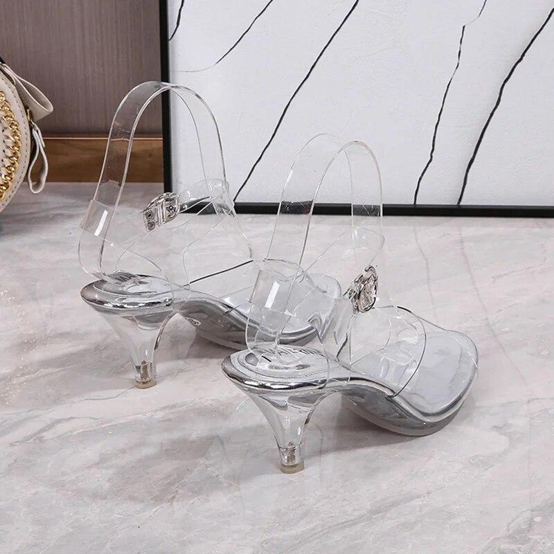 Stilettoskor för damer med lång mun Kristall Transparent korsrem Mode 7 cm Klack 1 cm Plattform WZ