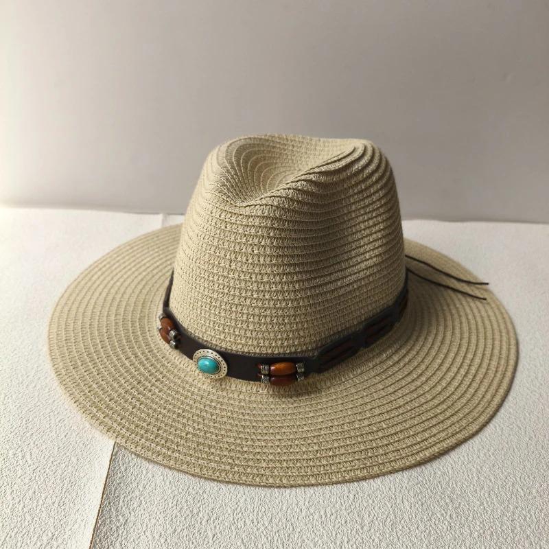 1Pc Summer Bohemian Shell Straw Hat Beach Women Men Cowboy Hats Wooden Beads Hollow Out Western Wide Brim Sun Hat Holiday Cap