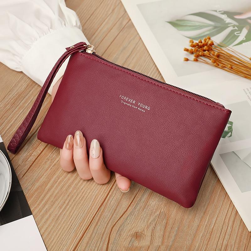 Carteira Longa Ultrafina Feminina Simples e Fashion Cor Sólida Couro PU Carteira com Zíper Grande Capacidade Bolsa de Mão Portátil