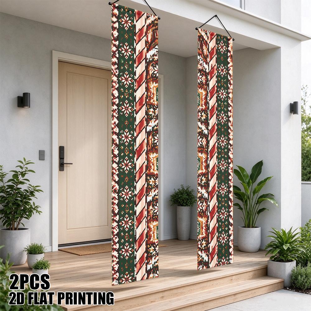 2D Flat, 2D Flat - 2D Flat, 2D Flat - 2D Flat Printing 2pcs Christmas Stripes Snowflakes Ornate Christmas-Themed Couplets, Door Couplets Suitable for