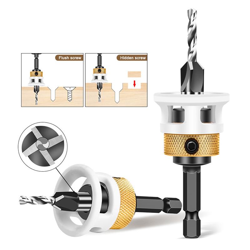 1 buc Limitator pentru prelucrarea lemnului Freză cu alezor cu patru muchii Cap din aliaj Burghiu cu gaură conică Adâncime reglabilă Burghiu în trepte Alezor pentru șuruburi ascunse