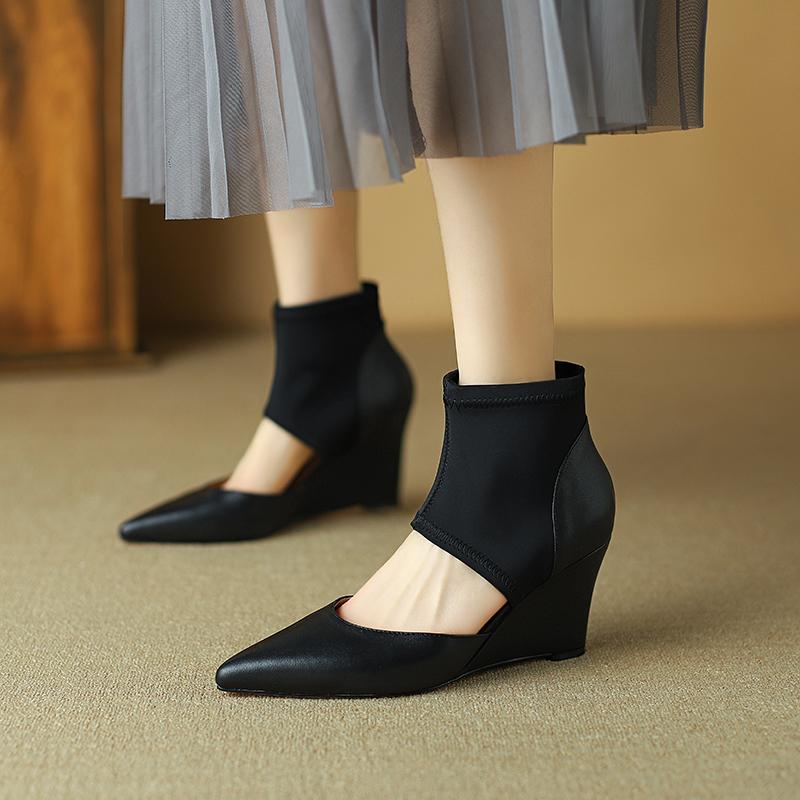 Fashion 2024 Spring Women Sandals Genuine Leather Shoes for Women Pointed Toe Wedges Heels Women Shoes Ladies Shoes High Heels