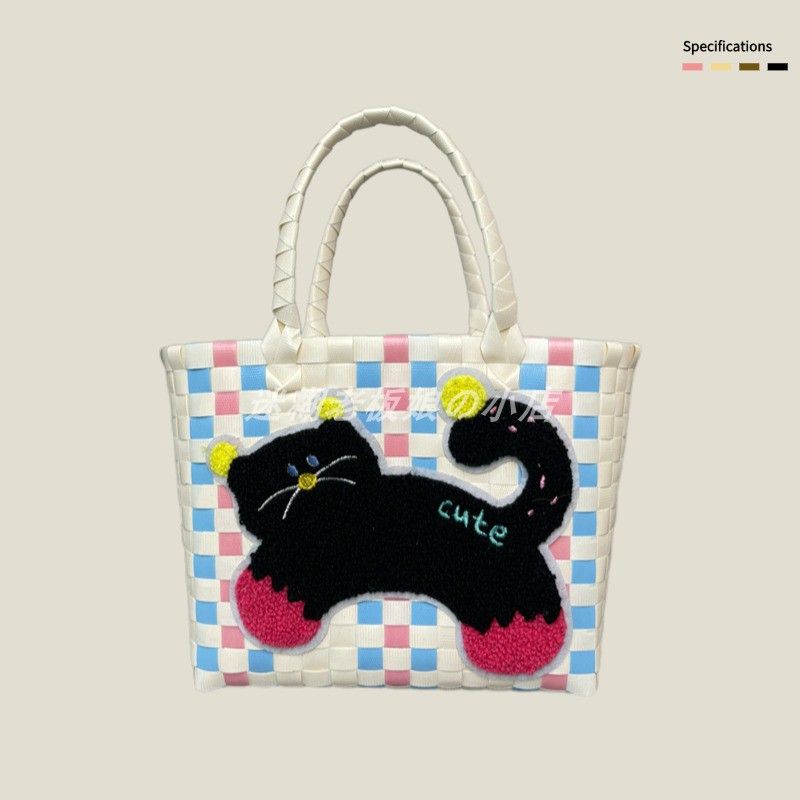 

Summer Vegetable Basket Bag Cute Cartoon Woven Bag Shopping Bag Satchel Women s Bag Work Clothing Cat Bag Commuter Bag Satchel-Black Cat