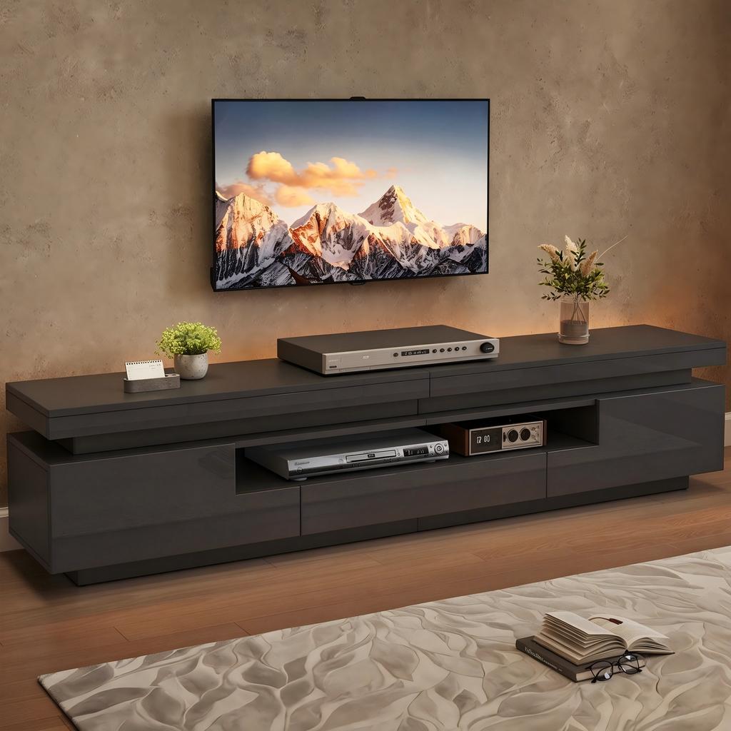 175*38*45cm Living Room TV Stand with 2 L-Shaped Cabinets and 1 Drawer, High-Gloss Cabinet with LED, Semi-Open Storage, Around 75 Inches, Black