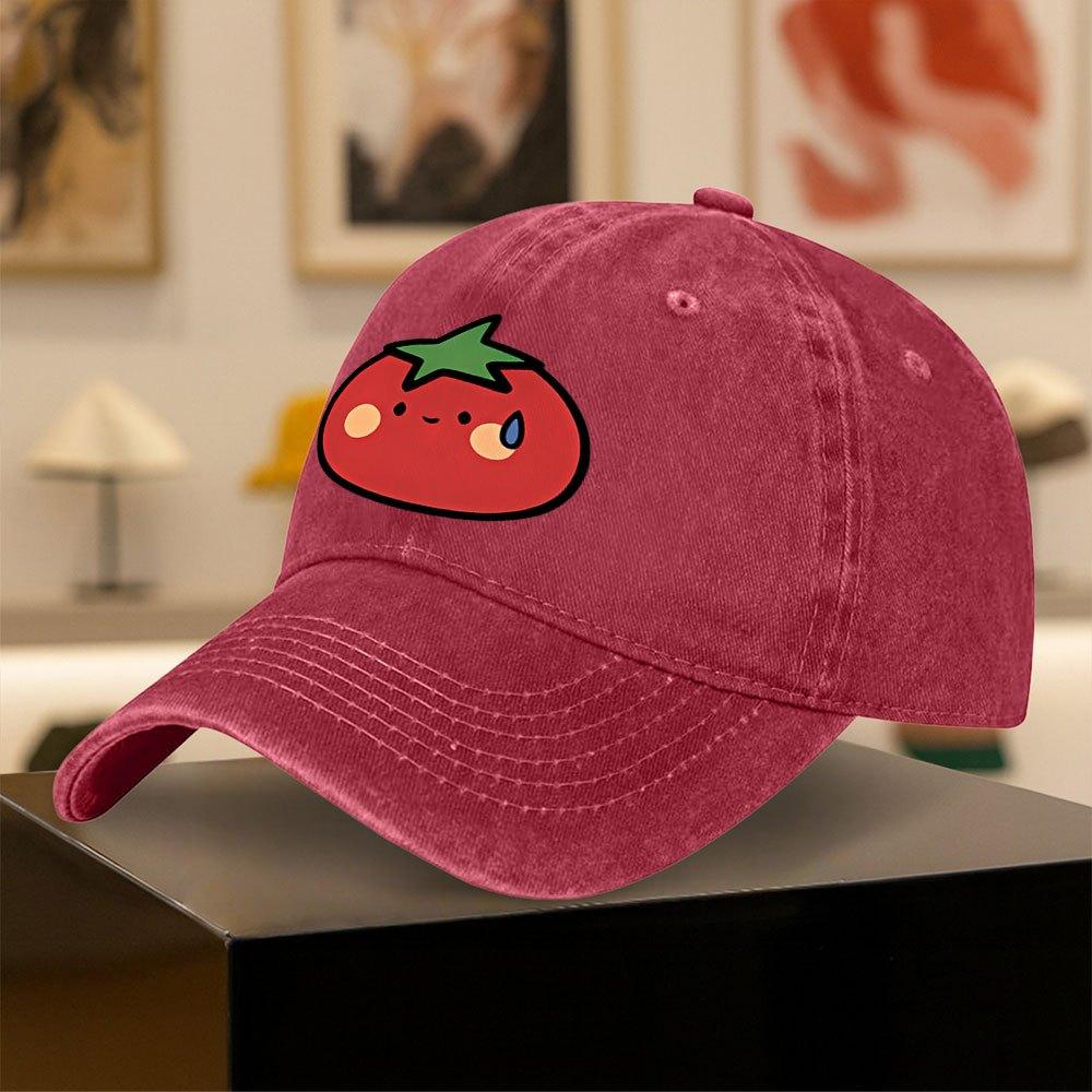 Vintage Washed Baseball Cap with Cute Tomato Sweat Drop Print  Unisex Outdoor Sports Daily Wear