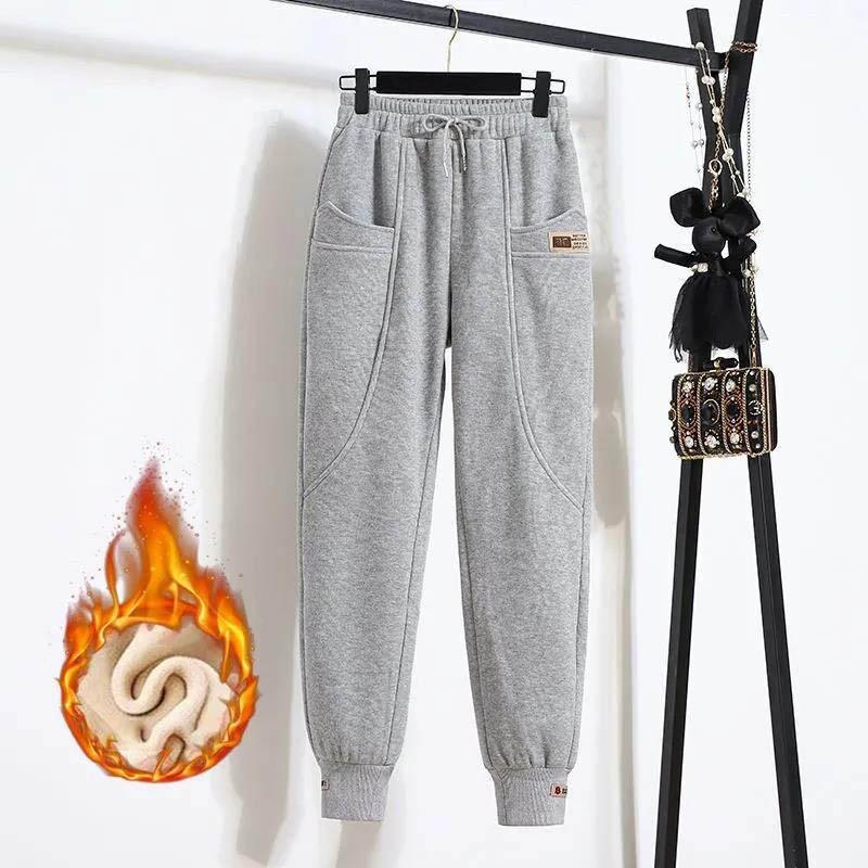Damen Winterhose Einfarbige Hochtaillierte Hose Verdickte Übergröße Einfache Lockere Freizeit Warme Kordelzughose