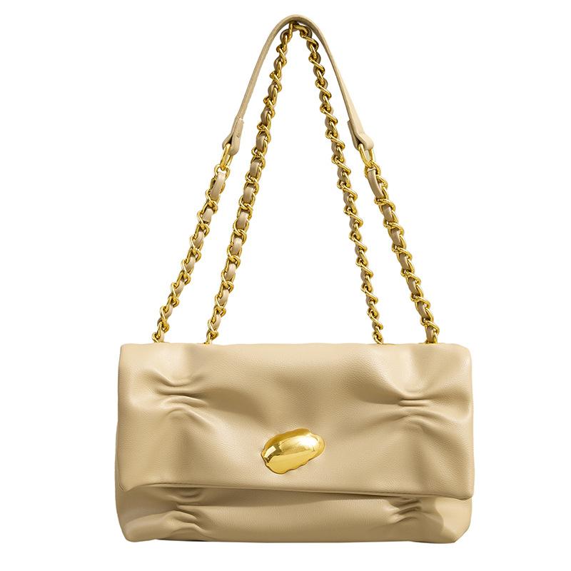 

Glossy soft leather chain bag OEM magnetic buckle pleated shoulder bag underarm bag wearing leather strip messenger bag ODM 27X16X28cm хакі