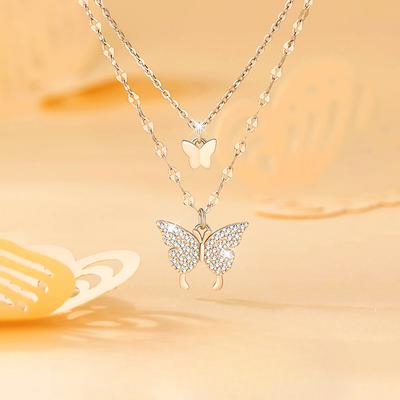 S999 Pure Silver Butterfly Necklace Women's Double Layered Sterling Silver Pendant Light Luxury Minority Design Clavicle Chain Necklace