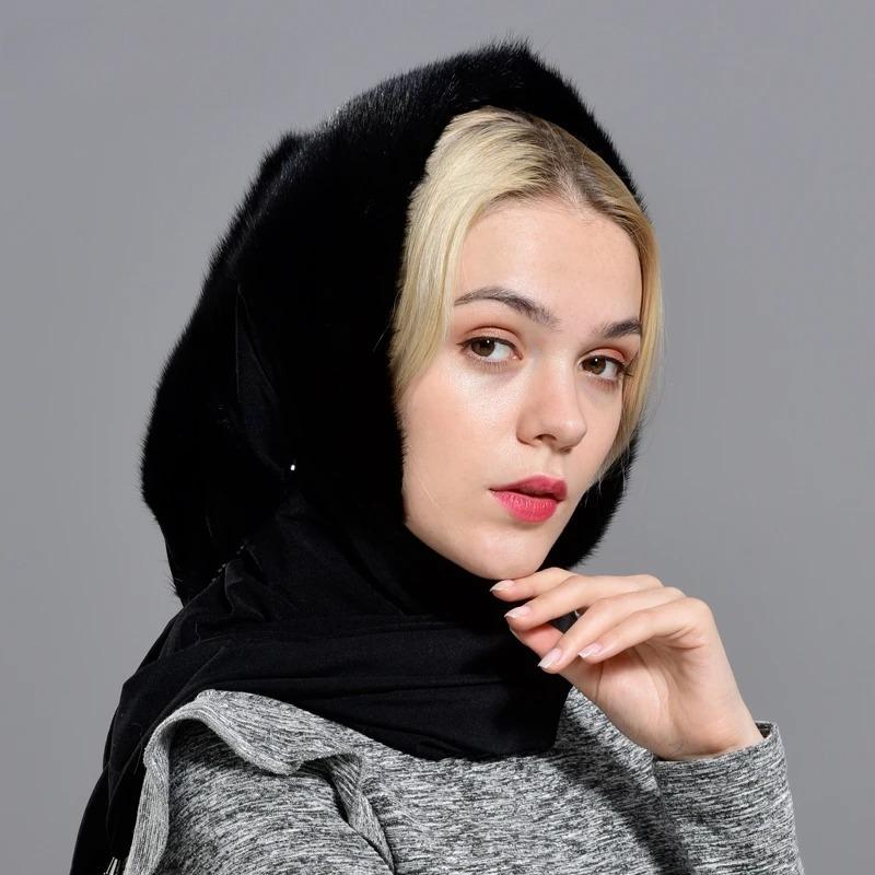 Mink Fur Hood Hats for Women Winter Warm Luxury Full Pelt Mink Fur Scarf Hat Stylish Fashionable Genuine Female Outdoor Snow Hat