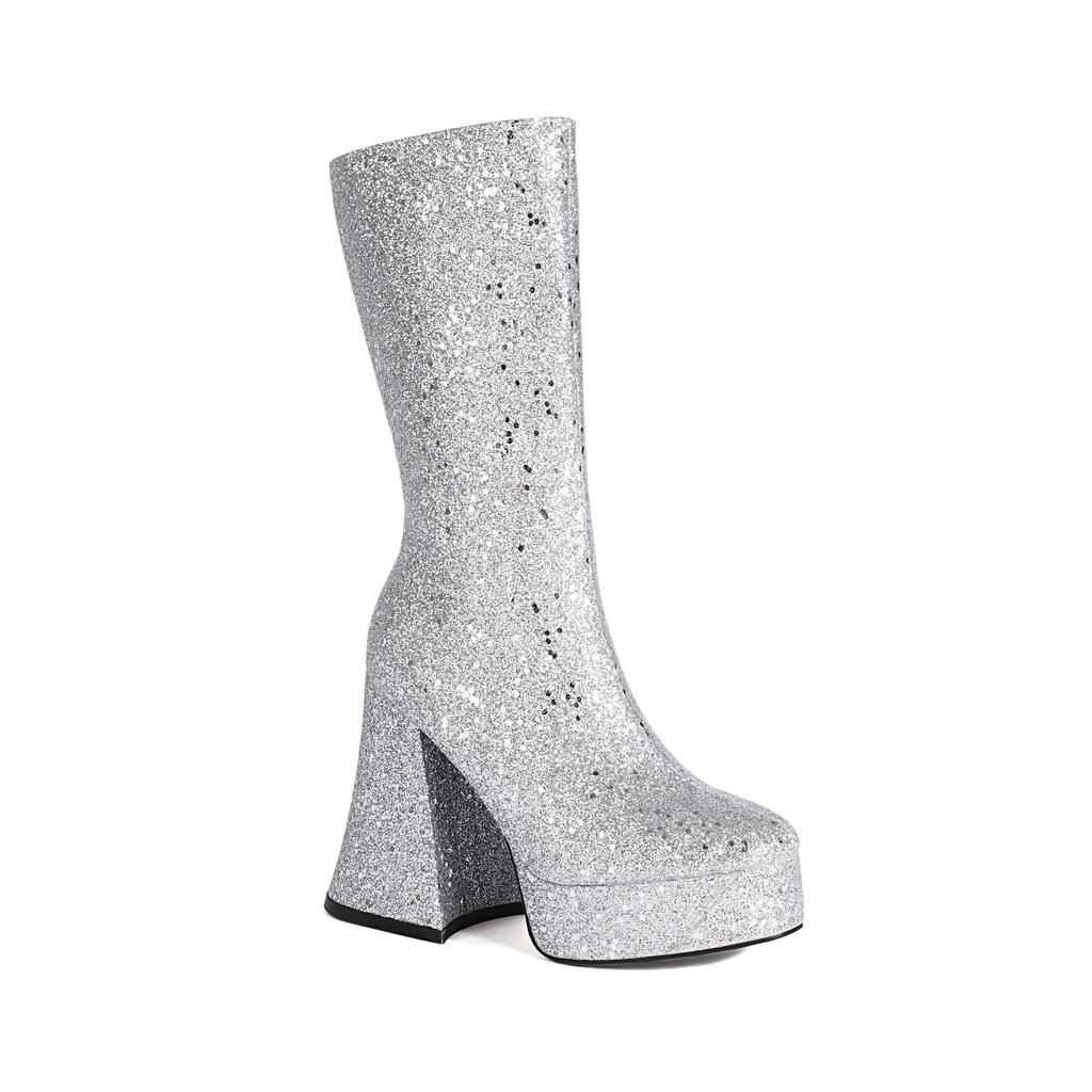 European and American New Square Head High Heel Thick Heel Sequined Horn and Fashion Medium Boots Street Performance Shoes Large Size