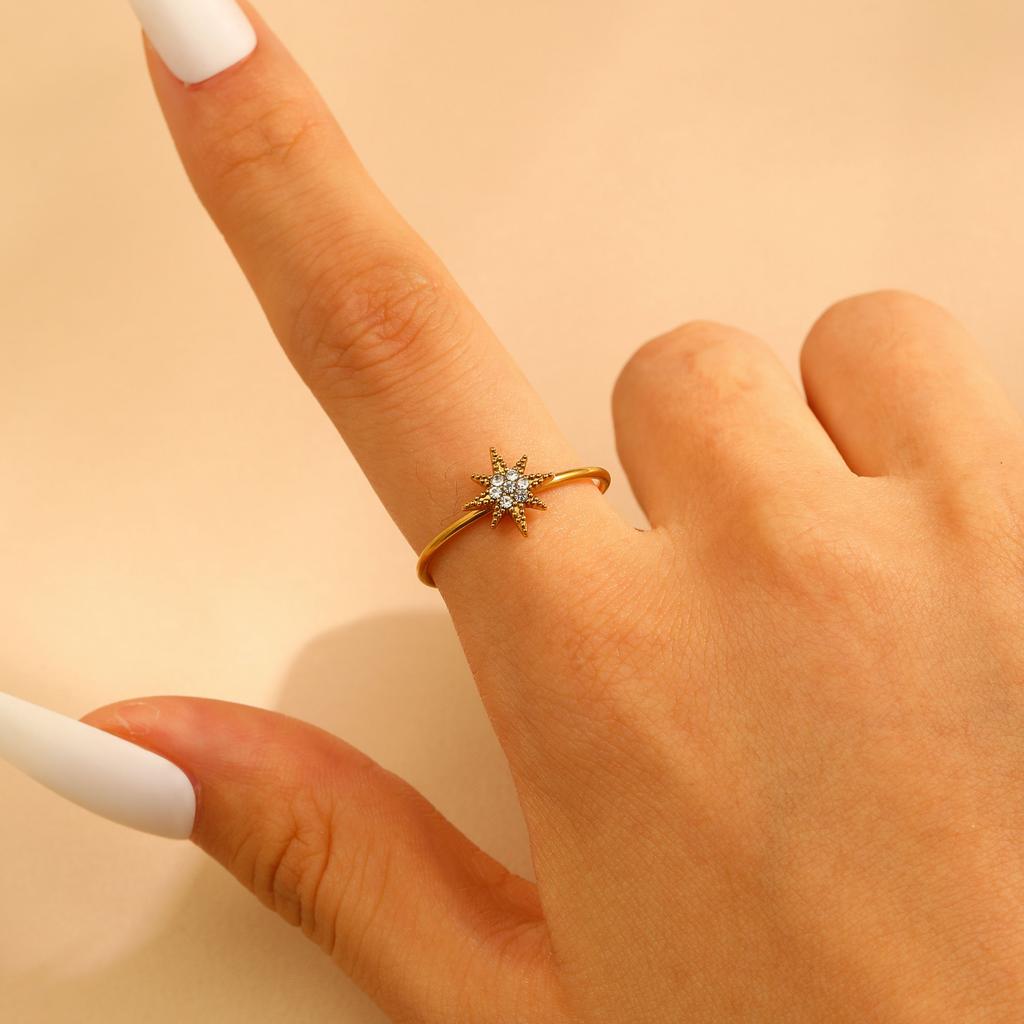 Retro Charm Sparkling Full Zircon Sun Flower Start Adjustable Opening Ring for Women Stainless Steel Finger Jewelry Accessories