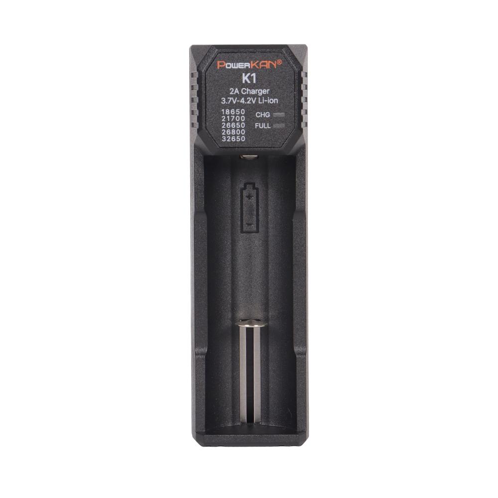 POWERKAN K1 1 Slot Smart Charger, Type-C Fast Charger for 18650 21700 26650 Li-ion Batteries