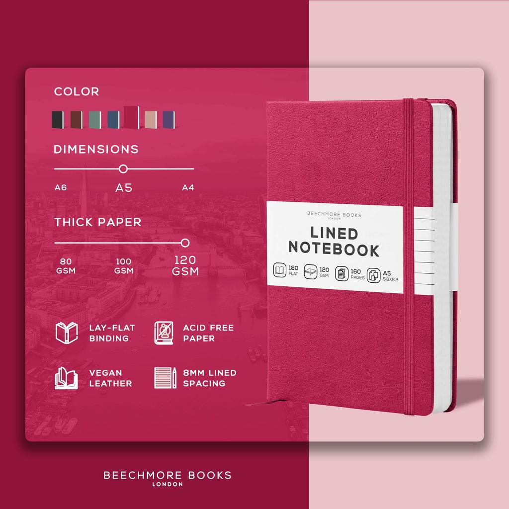 BEECHMORE BOOKS Liniertes Journal x A5 160 Liniertes Hardcover Leder Tagebuch Buch für Frauen und Schreib- und Arbeitsnotizbuch 120GSM Karton mit Geschenkbox