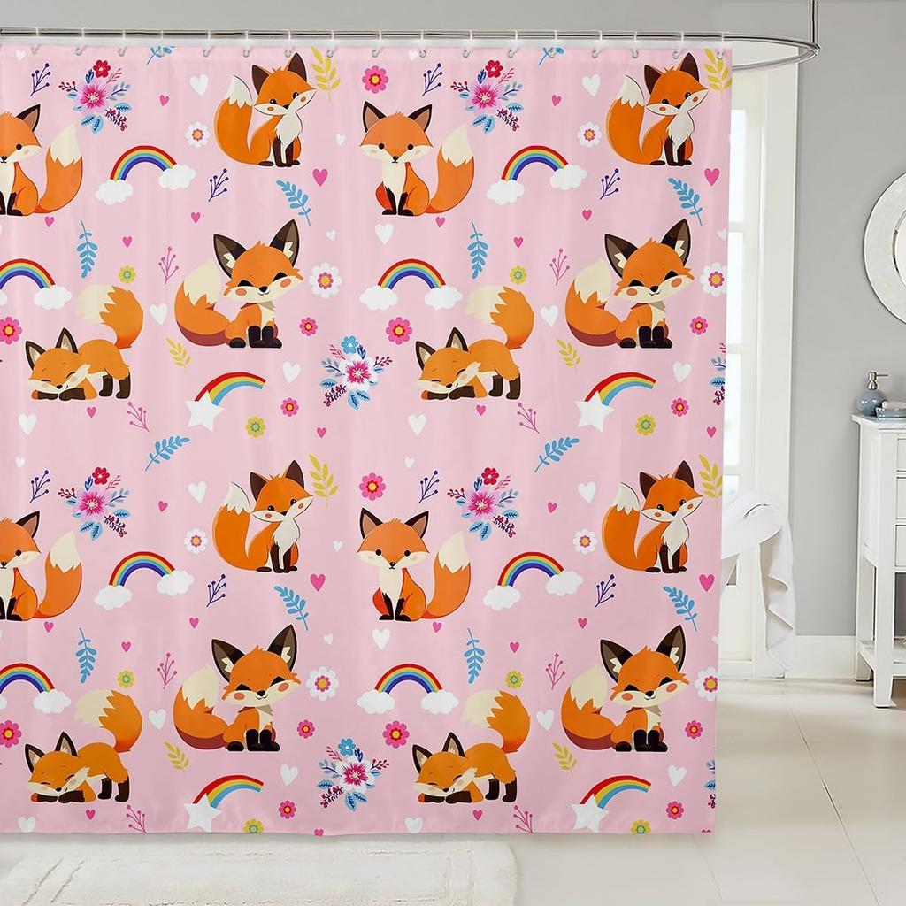 Cute Floral Cat Shower Curtain Cartoon Pet Animal Fabric Shower Curtain Colorful Kitten Flowers Bathroom Curtains Romantic