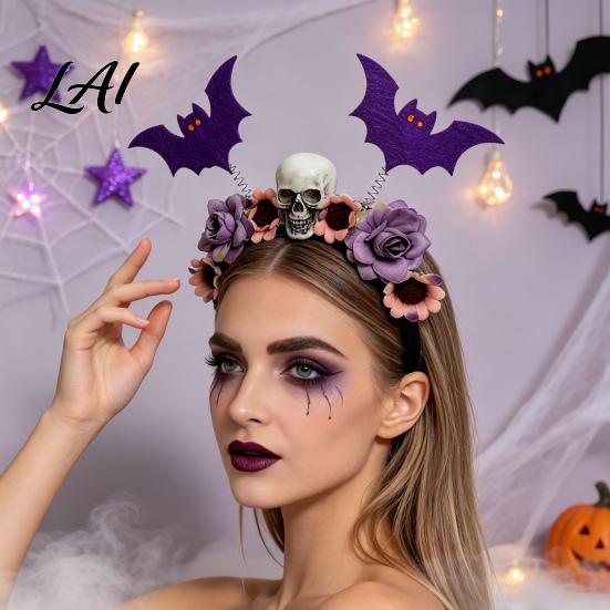 Fashionable Skull Hair Clips Halloween Flower Skeleton Bat Headband Gothic Floral Bands Spooky Bands for Party Accessory Lightweight No Slip