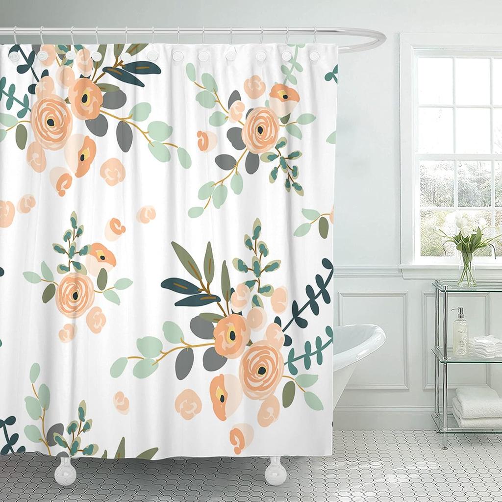 Shower Curtain Funny Swedish Folk Cartoon Cats Birds and Flowers Ethnic Waterproof Polyester Fabric