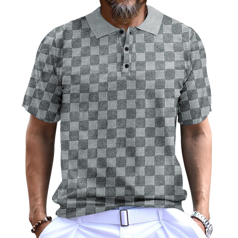 Summer Men's Short Sleeve T-Shirt Casual Fashion Lapel Polo Shirt Men's Short Sleeve Jacquard Small Checked T-Shirt
