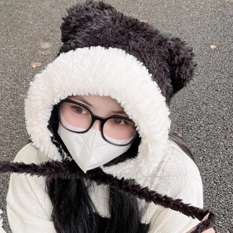 Contrast Color Bear Ear Hat Women's Winter Versatile Plush Hat Thickened Warm Cycling Tide