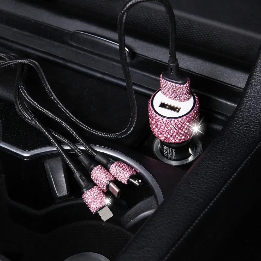 Dual USB Car Charger For Mobile Phone Tablet GPS Fast Charger Crystal Diamond Phone 3 Data Line Wire in Cigarette Lighter Amagi