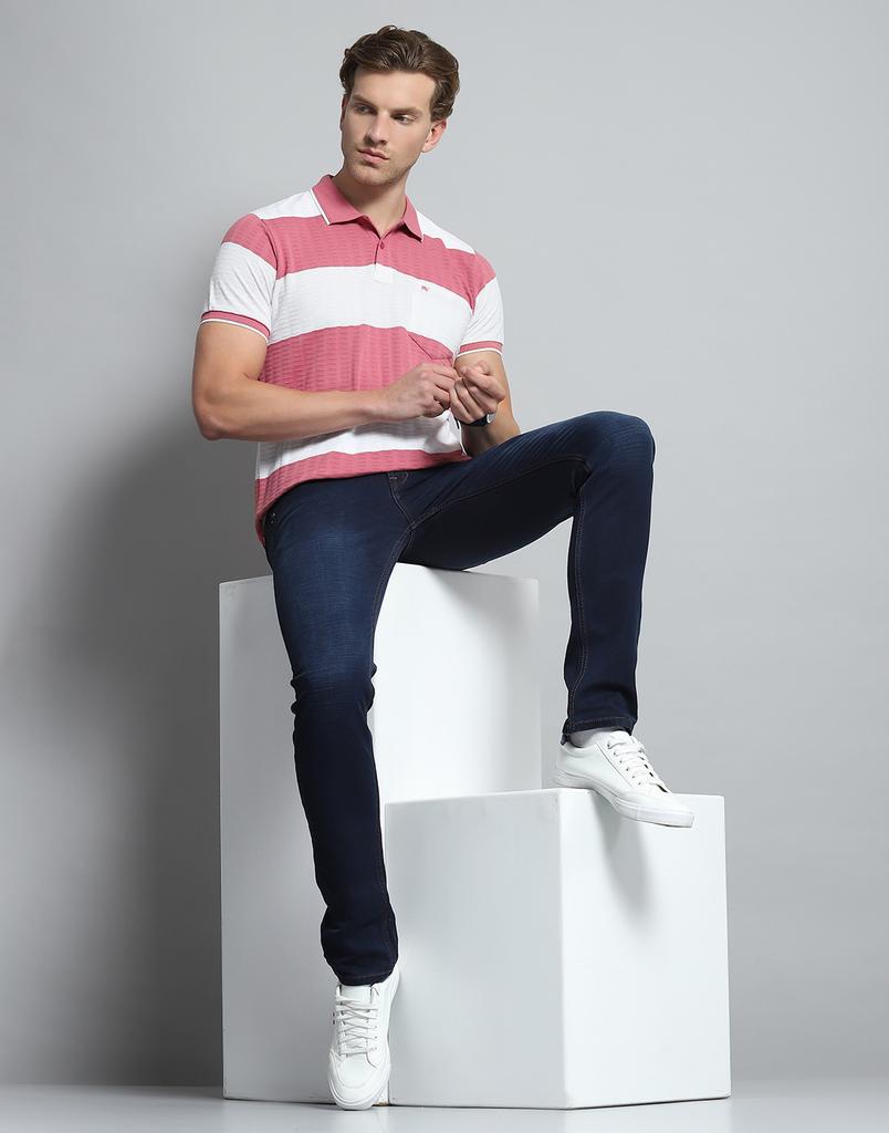 MONTE CARLO Mens Striped Pink Collar Neck Half Sleeve T-Shirt