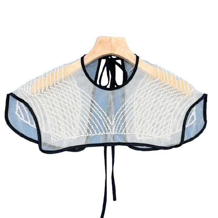 Perspective Sheer Mesh Mini Capelet Women Pearls Beading Fake Collar Shawl Scarf